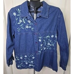 Erika & Co. Women's XL Embroidered Button-Down Denim Shirt Long Sleeve Floral